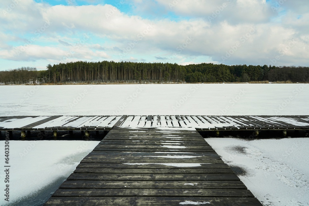 Obraz na płótnie Widok na pomost, pokryte śniegiem jezioro i las zimą w salonie