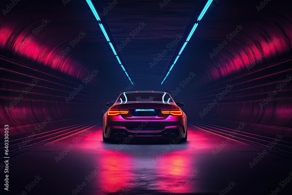 3D rendering of a car in a dark tunnel with neon lights, Car in a tunnel with neon lighting, front view, AI Generated