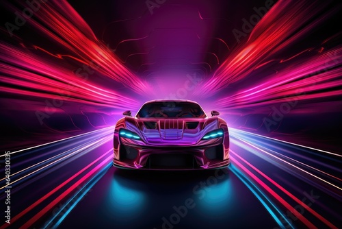 3D rendering of a sports car on a dark background with neon lights, Car in a tunnel with neon lighting, front view, AI Generated © Ifti Digital