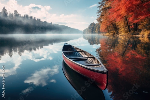 Foto Red canoe on the lake in the autumn forest