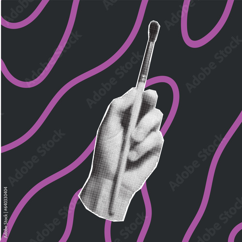 Collage element - halftone hand holds a brush, cut out of paper. Vintage retro pop art effect, hand gestures, neon lines.