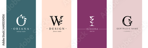 Bundle of Botanical Minimalistic Logos. Monogram of letters O, W, I, G. for business card