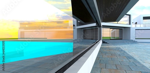 Long panoramic window reflecting pool on the territory of modern mansion. Concrete slabs pavement looks good with white exterior. 3d rendering.. © Oleksandr