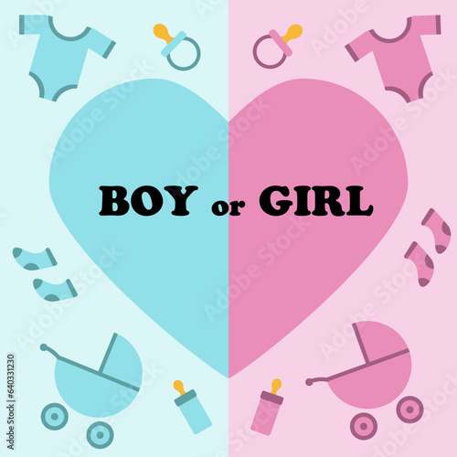 Boy or girl, vector. Gender party. Heart with the inscription Boy or girl, things for children. Blue and pink colors.