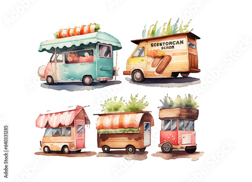 Kiosk vendor. Street tent, cart and truck sell fast food, books, clothes and flowers. Outdoor market with merchants and customers vector set. Buying natural cosmetic, ice cream and pop corn