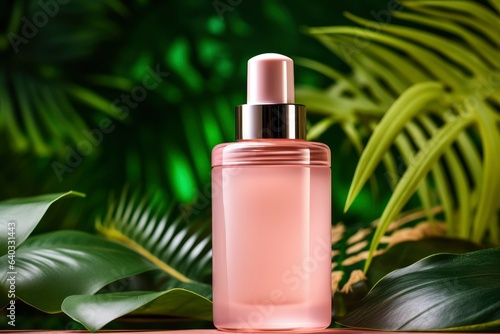 Pink bottle with beauty products among green leaves. Natural organic skin care.