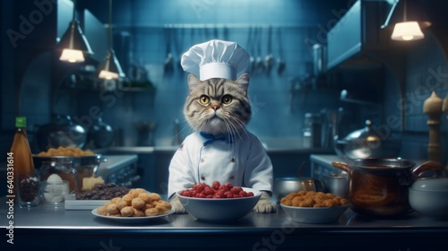 Cute cat chef in uniform and hat with a bowl of raspberries in the kitchen