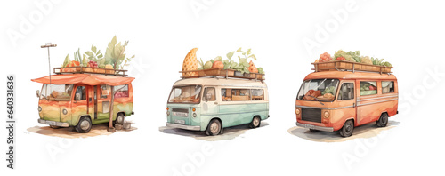 Hot dog  Food Truck. Street Food Truck concept with merchant character design. Watercolor vector illustration cute van with flowers white background