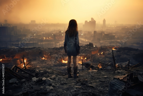 small sad girl overlooking a post war destroyed city burning in fire and ashes. pile of rubble.