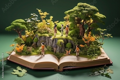 Opened book in a fantasy setting with animals, a little house, magical sparkles.