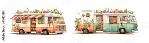 Hot dog  Food Truck. Street Food Truck concept with merchant character design. Watercolor vector illustration cute van with flowers white background