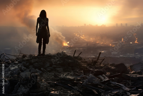 teen girl standing on a pile of rubble. Overlooking a city burning down in fire. 