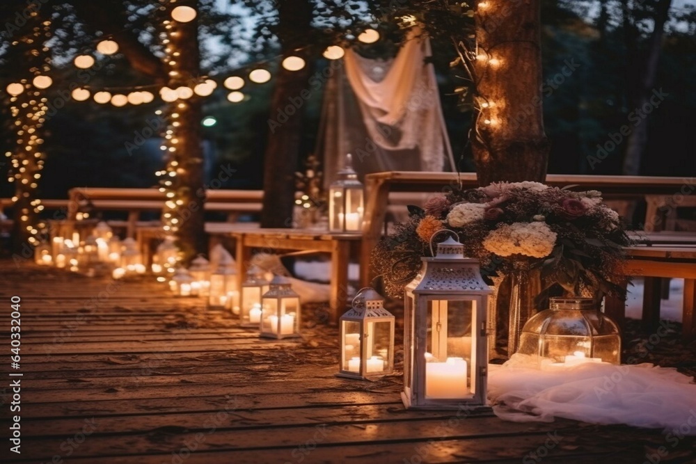 Luxurious wedding decor elements for outdoor night ceremony. Cozy romantic atmosphere with flowers, street lights and garlands.
