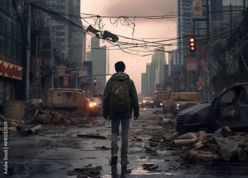 teen boy walking away. post apocalyptic city street with destroyed buildings.
