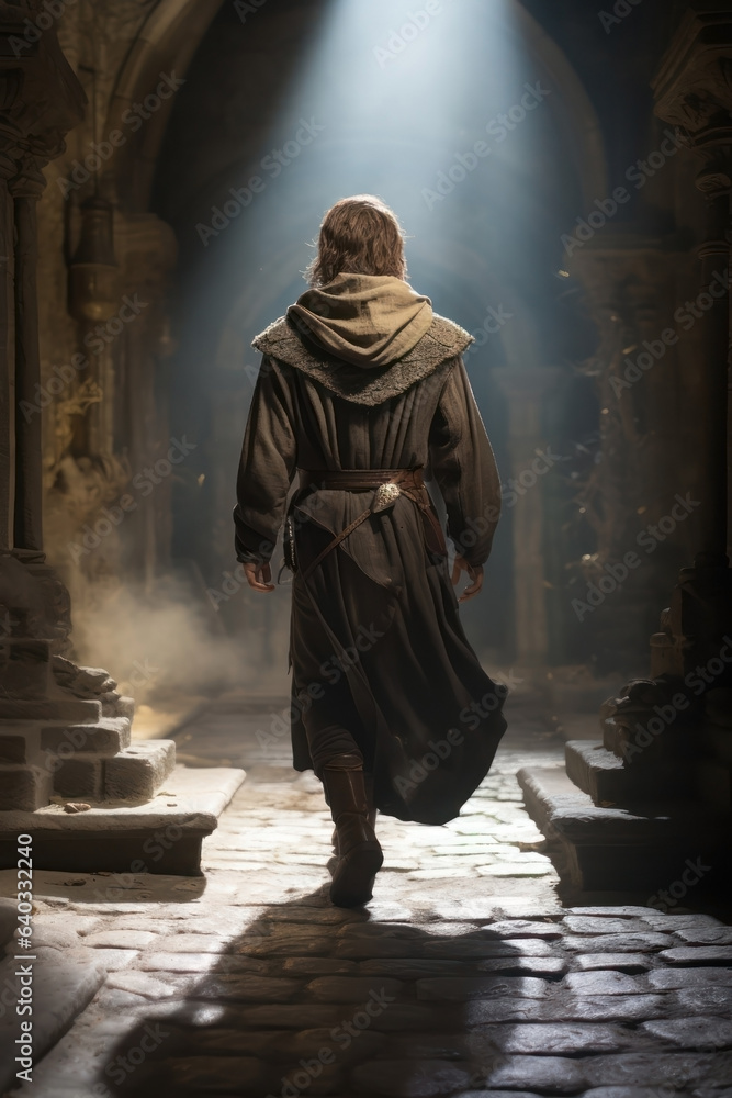young medieval man walking in a stone palace corridor. young medieval man walking in a stone palace corridor.