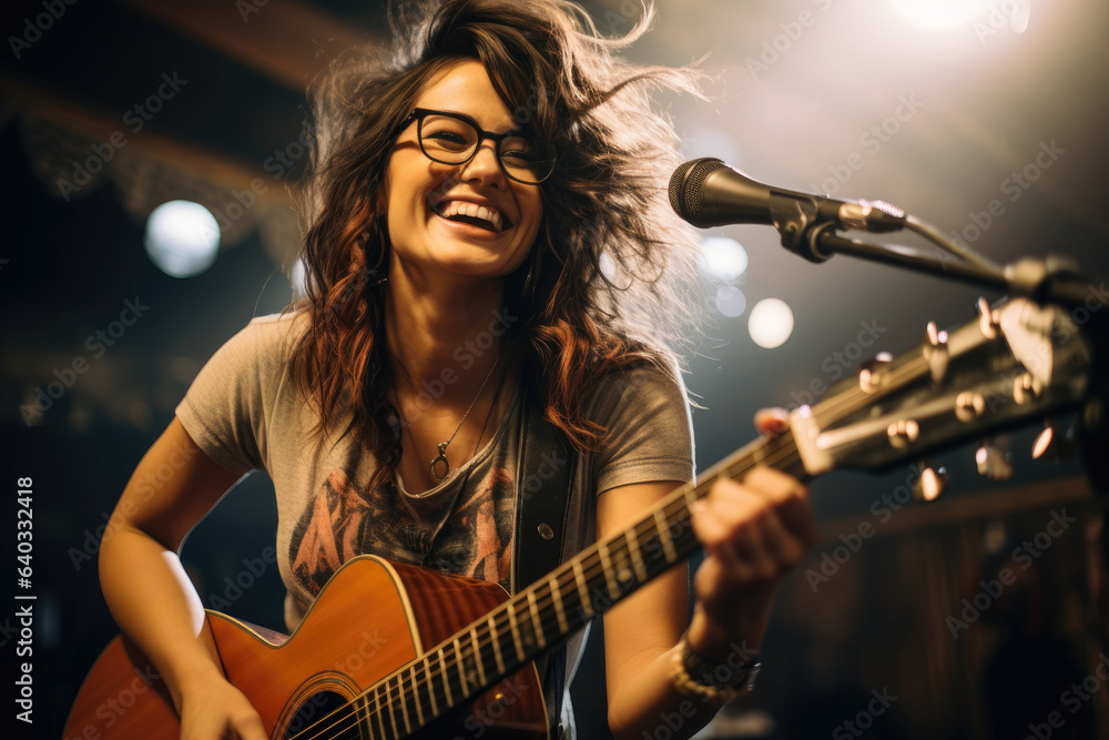 Obraz premium photograph of Smiling female musician wearing glasses. wide angle lens realistic lighting generative ai