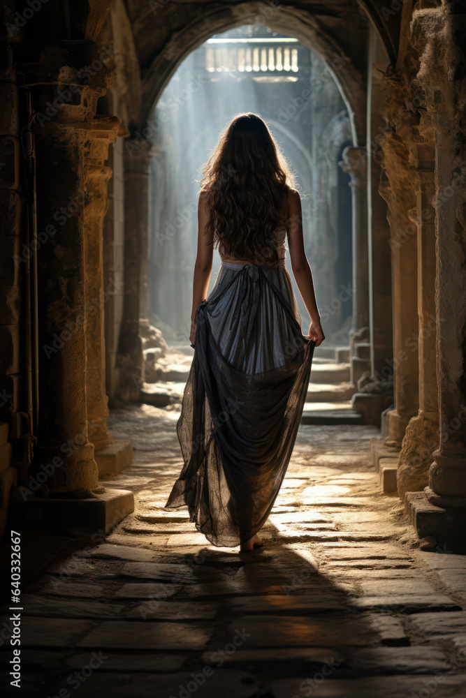 pretty brunette princess sorceress witch woman walking in a palace hall corridor. stone floor and columns. long blue dress. 