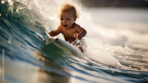 baby with the appearance of a professional surfer. photo