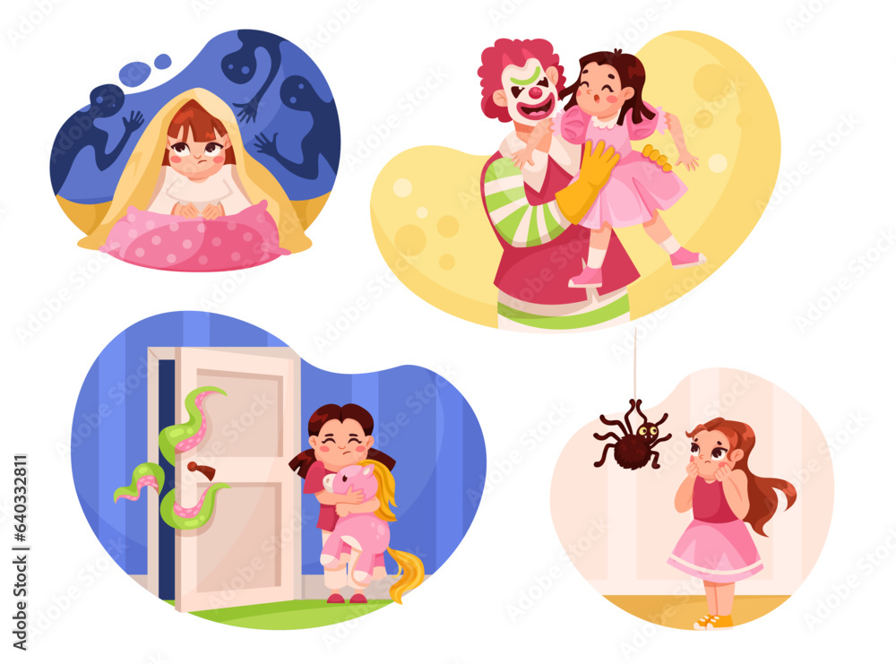 Childhood Fears with Little Kid Character Afraid of Clown, Darkness, Monster and Spider Vector Set Childhood Fears with Little Kid Character Afraid of Clown, Darkness, Monster and Spider Vector Set