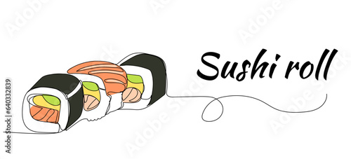 Continuous one line drawing of sushi rolls. Japanese food restaurant menu. Simple vector illustration