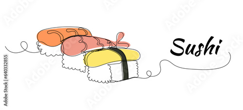 Continuous one line drawing of sushi. Japanese food restaurant menu. Simple vector illustration