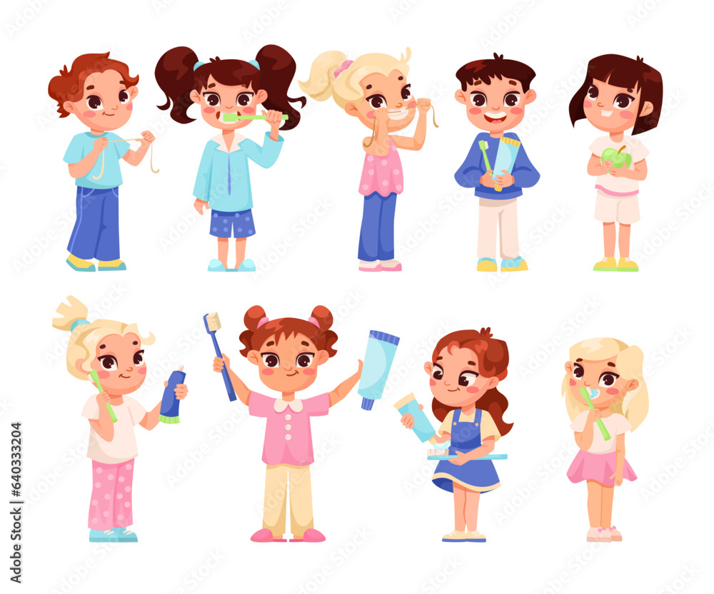 Children Brushing Their Teeth Engaged in Dental Care Vector Set Children Brushing Their Teeth Engaged in Dental Care Vector Set
