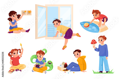 Little Children in Dangerous Situations Being Unsafe Vector Set