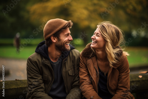 Lifestyles, relationship and multicultural concept. Happy young and beautiful couple walking and laughing in public park. Joyful mood. Outdoors park and nature in background. Generative AI © Rytis