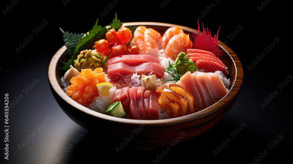 chirashi bowl, a medley of sashimi pieces artfully arranged over seasoned sushi rice.generative ai chirashi bowl, a medley of sashimi pieces artfully arranged over seasoned sushi rice.generative ai