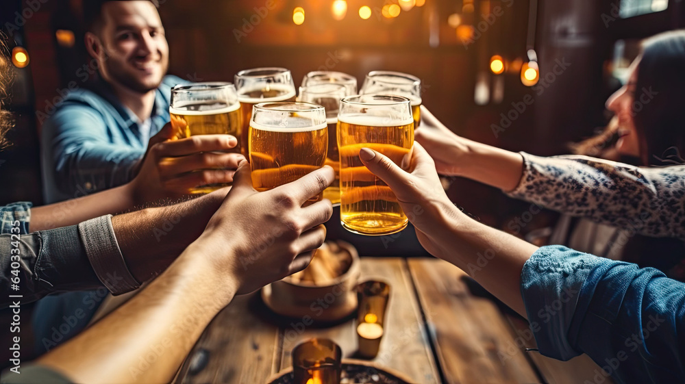 Group of people enjoying and toasting a beer in brewery pub generative ai Group of people enjoying and toasting a beer in brewery pub generative ai
