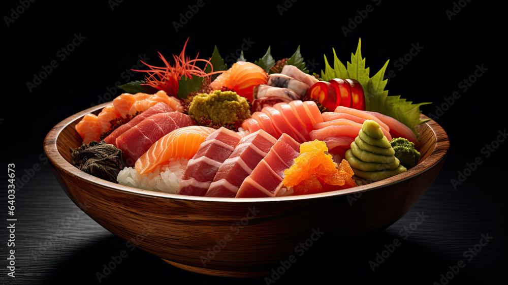 chirashi bowl, a medley of sashimi pieces artfully arranged over seasoned sushi rice chirashi bowl, a medley of sashimi pieces artfully arranged over seasoned sushi rice