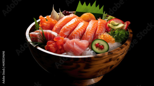 chirashi bowl, a medley of sashimi pieces artfully arranged over seasoned sushi rice,generative ai