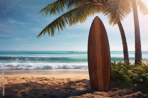 Fototapeta Naklejka Na Ścianę i Meble -  Beautiful beach and ocean or sea background with a palm tree under which there is a surfboard.generative ai
