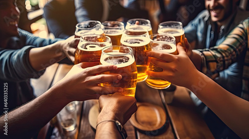 Group of people enjoying and toasting a beer in brewery pub generative ai