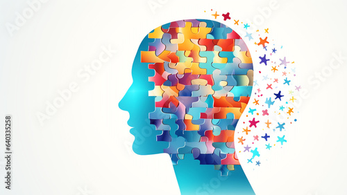Head profile with jigsaw puzzle pieces falling apart. Alzheimer's and dementia, mental illness and brain disorder vector illustration