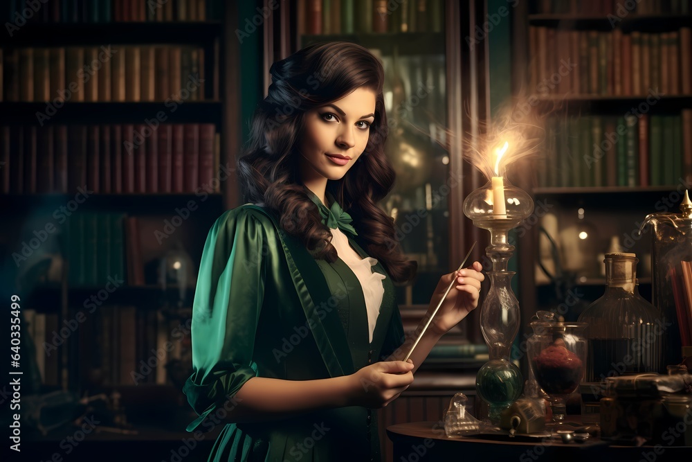 Beautiful young woman in green dress holding a magic wand. Retro style