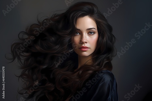 Fototapet Portrait of beautiful brunette woman with long healthy curly hair