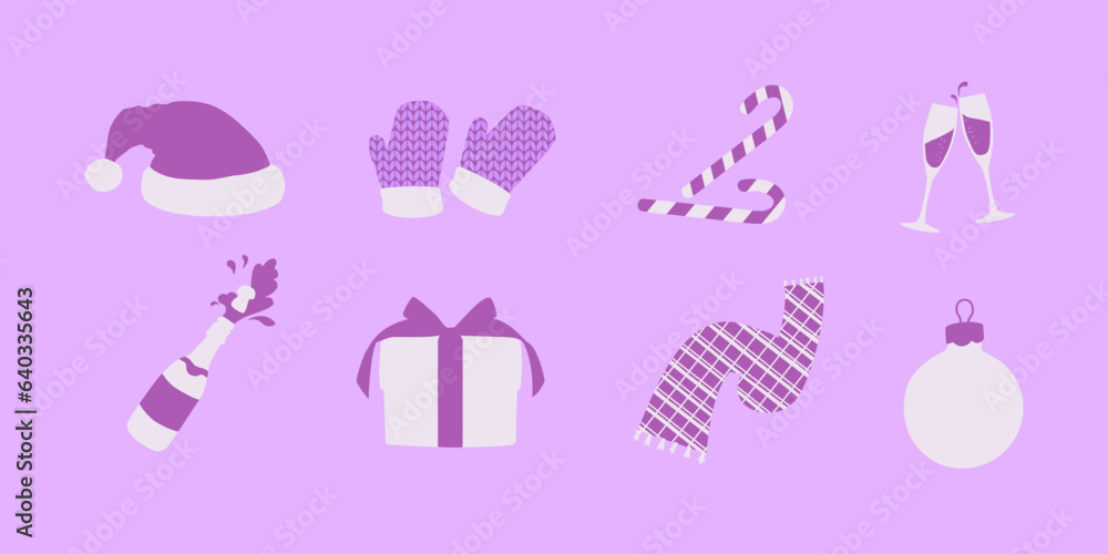Set of Christmas elements. Santa's hat, Christmas tree toy, gift, scarf and mittens. Vector isolated elements in purple hues.