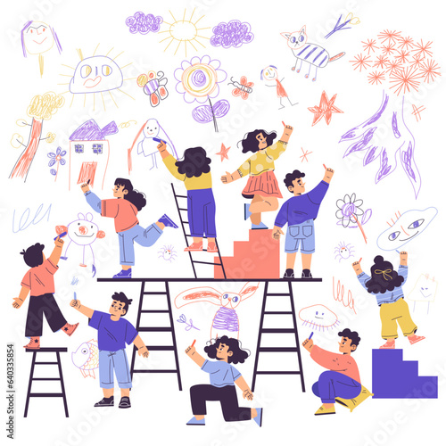 Children Drawing on Wall with Colorful Crayons Vector Illustration
