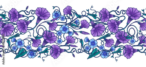 фотографія Border seamless pattern with purple flowers Morning glory bindweed Floral intert