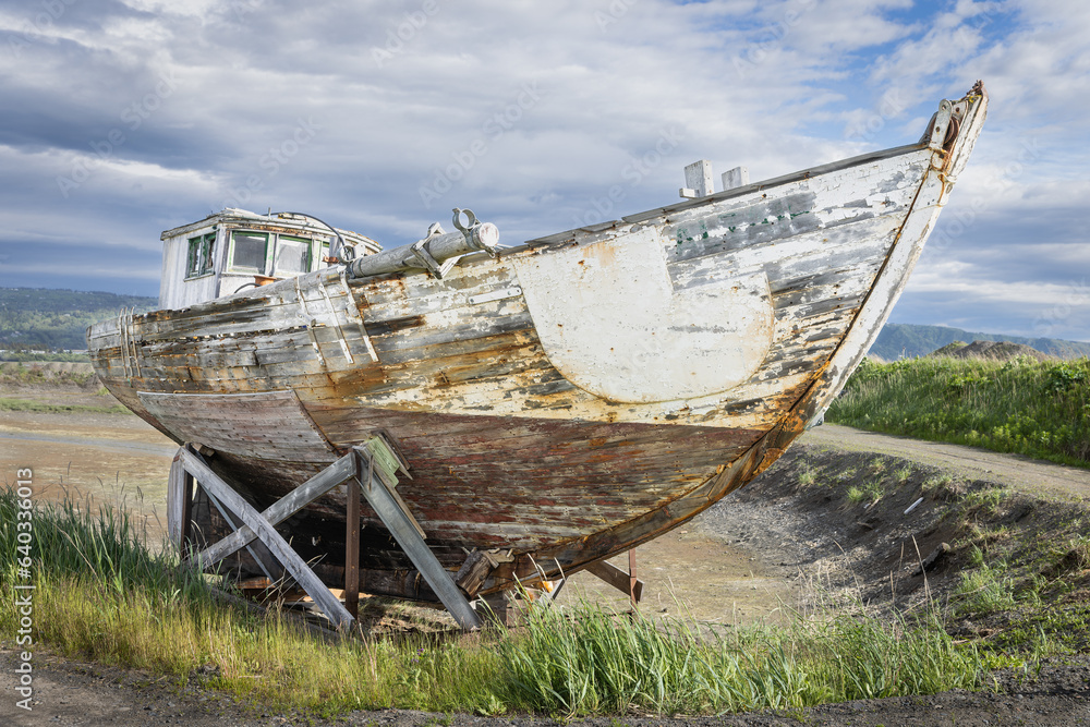 Old boat in dry dock for repair, Homer, Alaska.