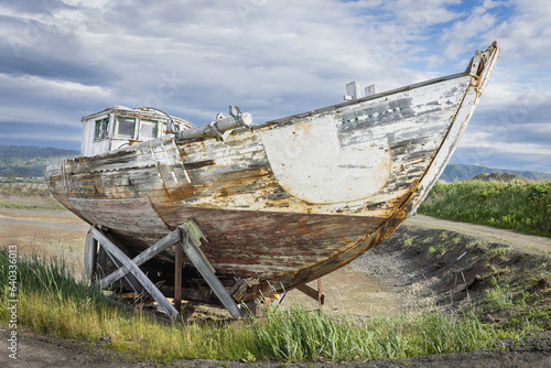 Old boat in dry dock for repair  Homer  Alaska.