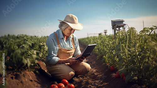 Elderly female farmer holding a laptop and soil analysing device near tomato plants. Concept of tech integration in agriculture for quality monitoring, use of new smart technologies by older people