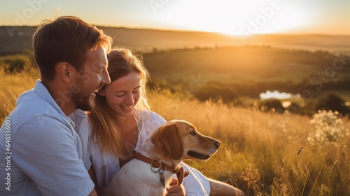 Young happy couple with dog, sitting in the field on summer sunset day