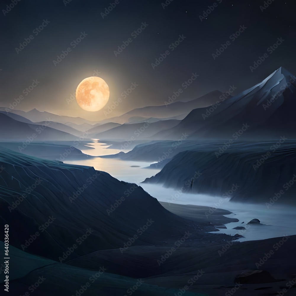 moon and mountains, A Dreamlike World: Where Reality and Fantasy Converge ,Generative AI, Generated AI, AI moon and mountains, A Dreamlike World: Where Reality and Fantasy Converge ,Generative AI, Generated AI, AI