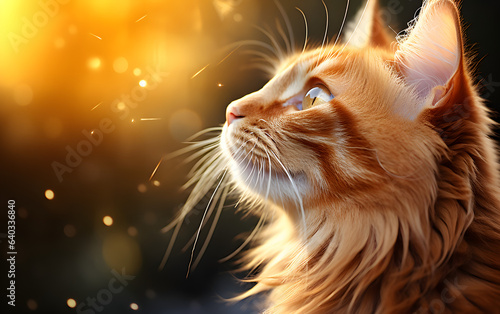 Profile portrait of an orange tabby cat, captivated by the enchanting golden light.