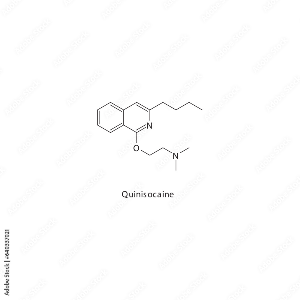 Quinisocaine flat skeletal molecular structure Local Anesthetic drug used in local anasthesia, pain treatment. Vector illustration. Quinisocaine flat skeletal molecular structure Local Anesthetic drug used in local anasthesia, pain treatment. Vector illustration.