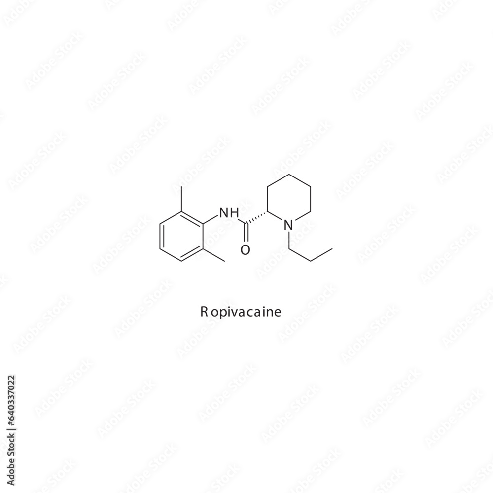 Ropivacaine  flat skeletal molecular structure Local Anesthetic  drug used in local anasthesia, pain treatment. Vector illustration.