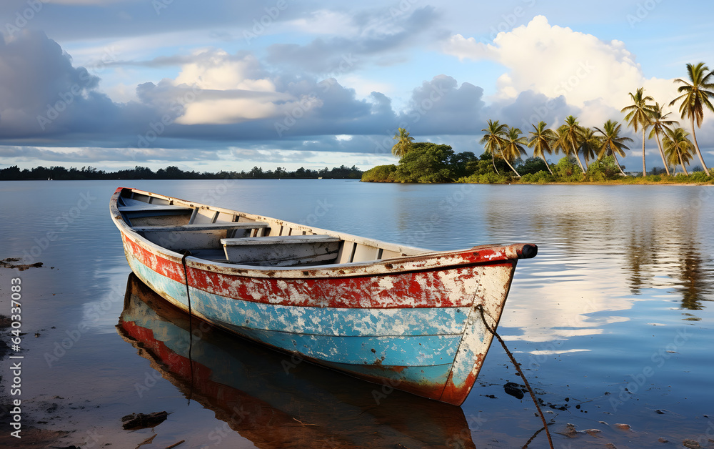 
A serene Caribbean scene featuring a calm river, a boat, swaying palm trees, and the endless expanse of a blue sky.