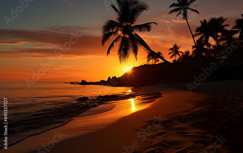Beautiful beach orange sunset with palm tree silhouettes.